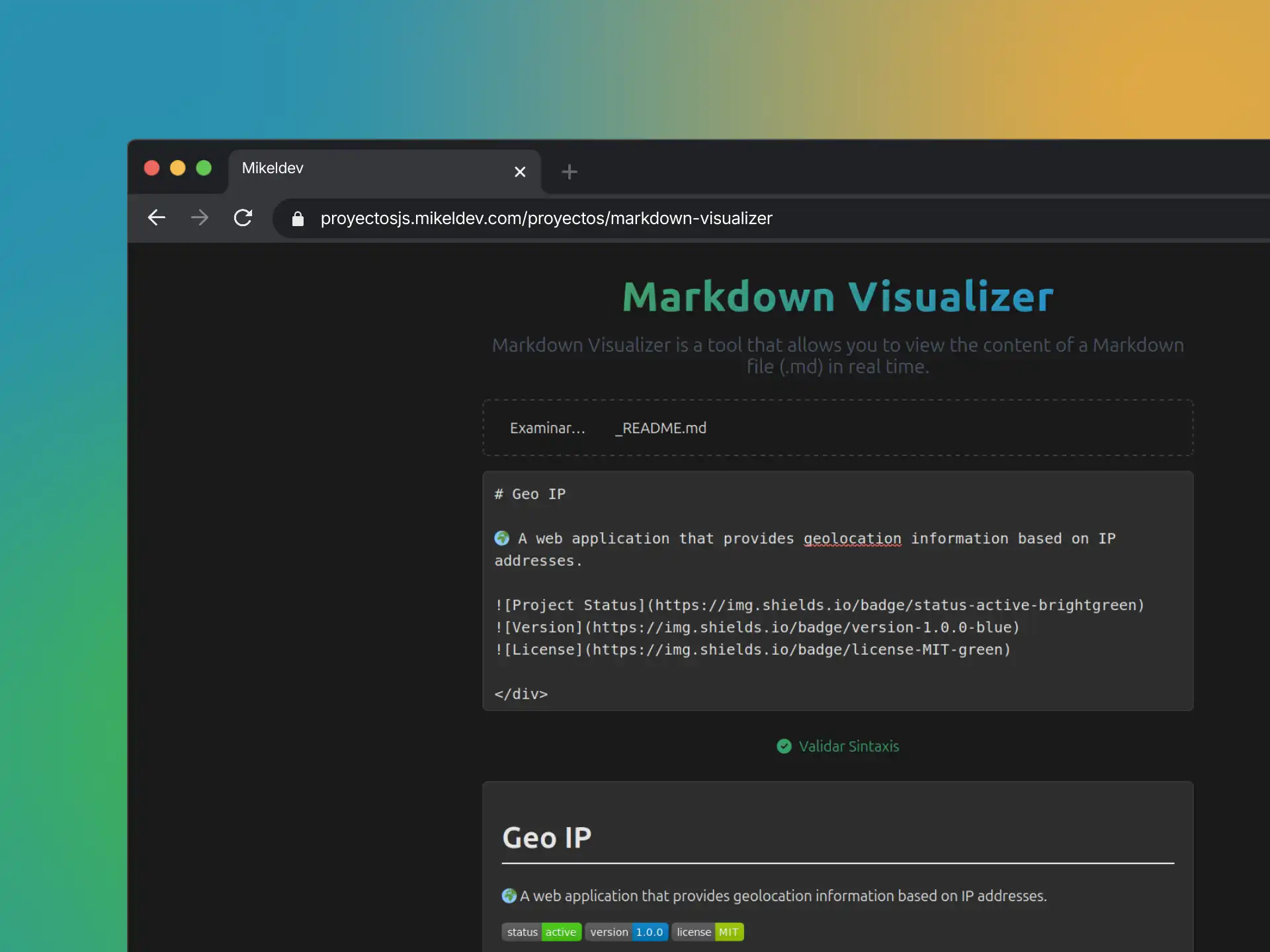 Captura de pantalla del proyecto Visualizador de Markdown